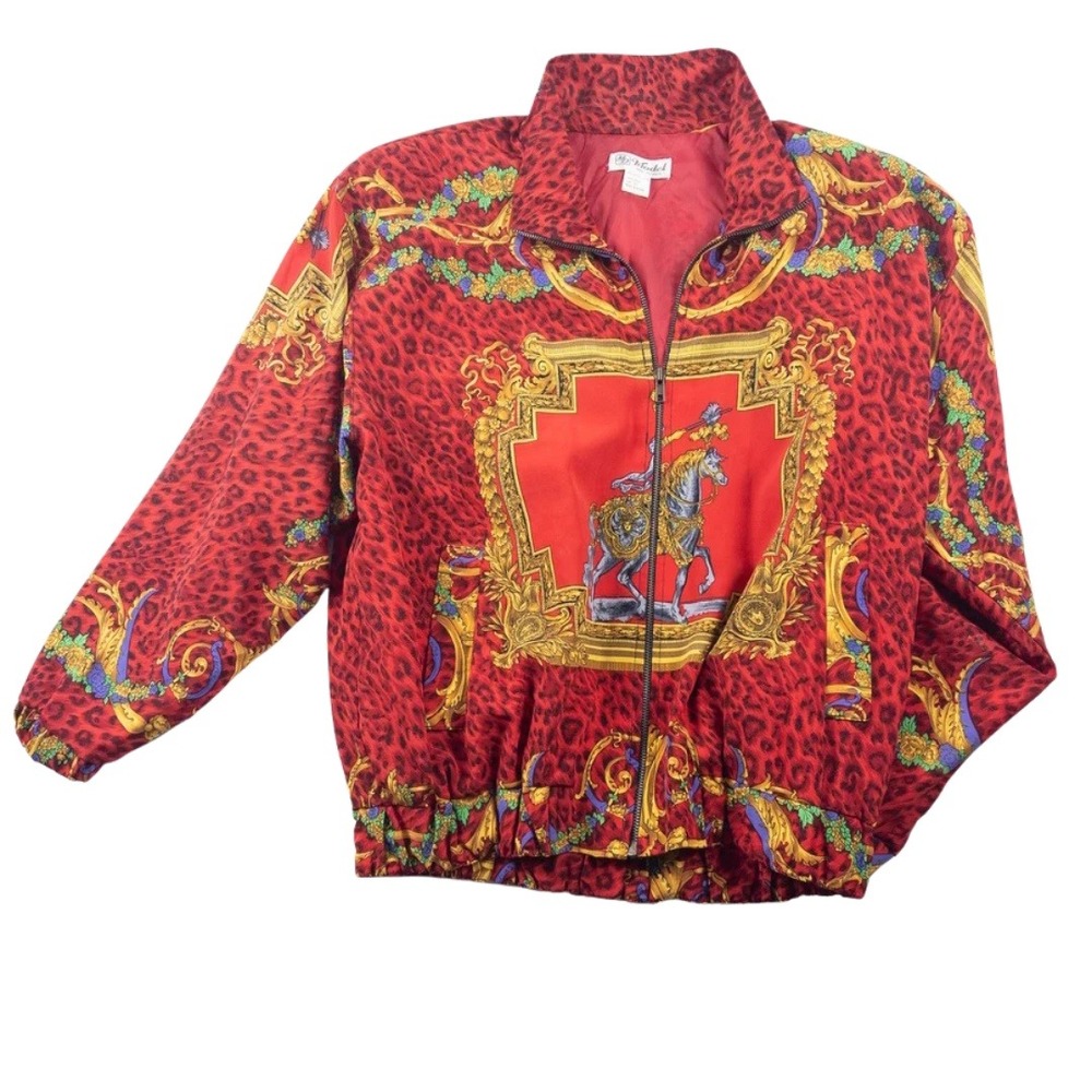 Vintage 90s Baroque Satin Bomber Model Jacket Women XL Red Scarf Leopard Print